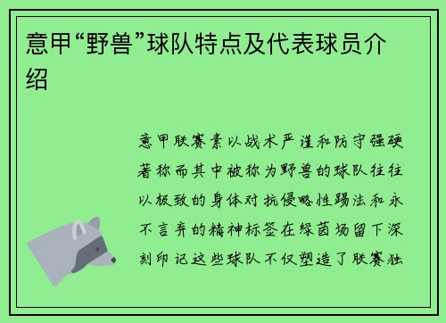 意甲“野兽”球队特点及代表球员介绍